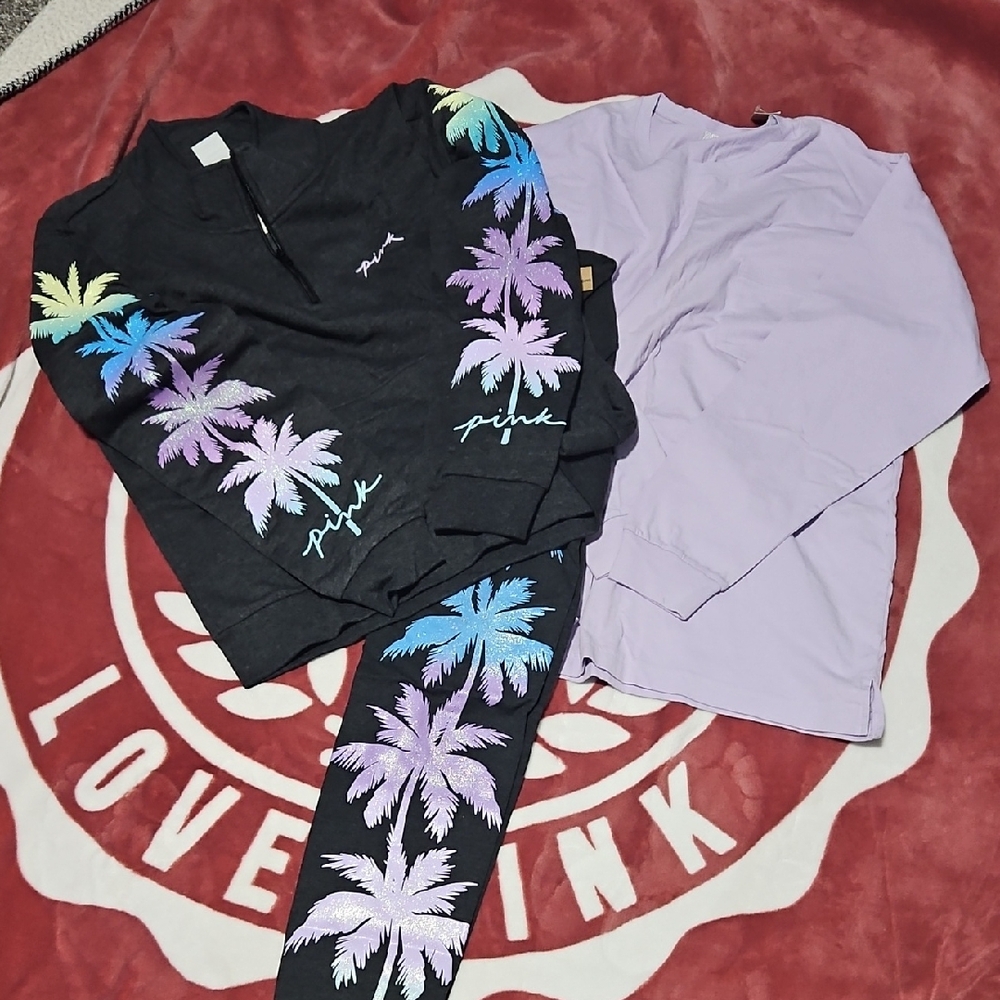 PINK Victoria's Secret Black Leggings with Colorful Palm Trees